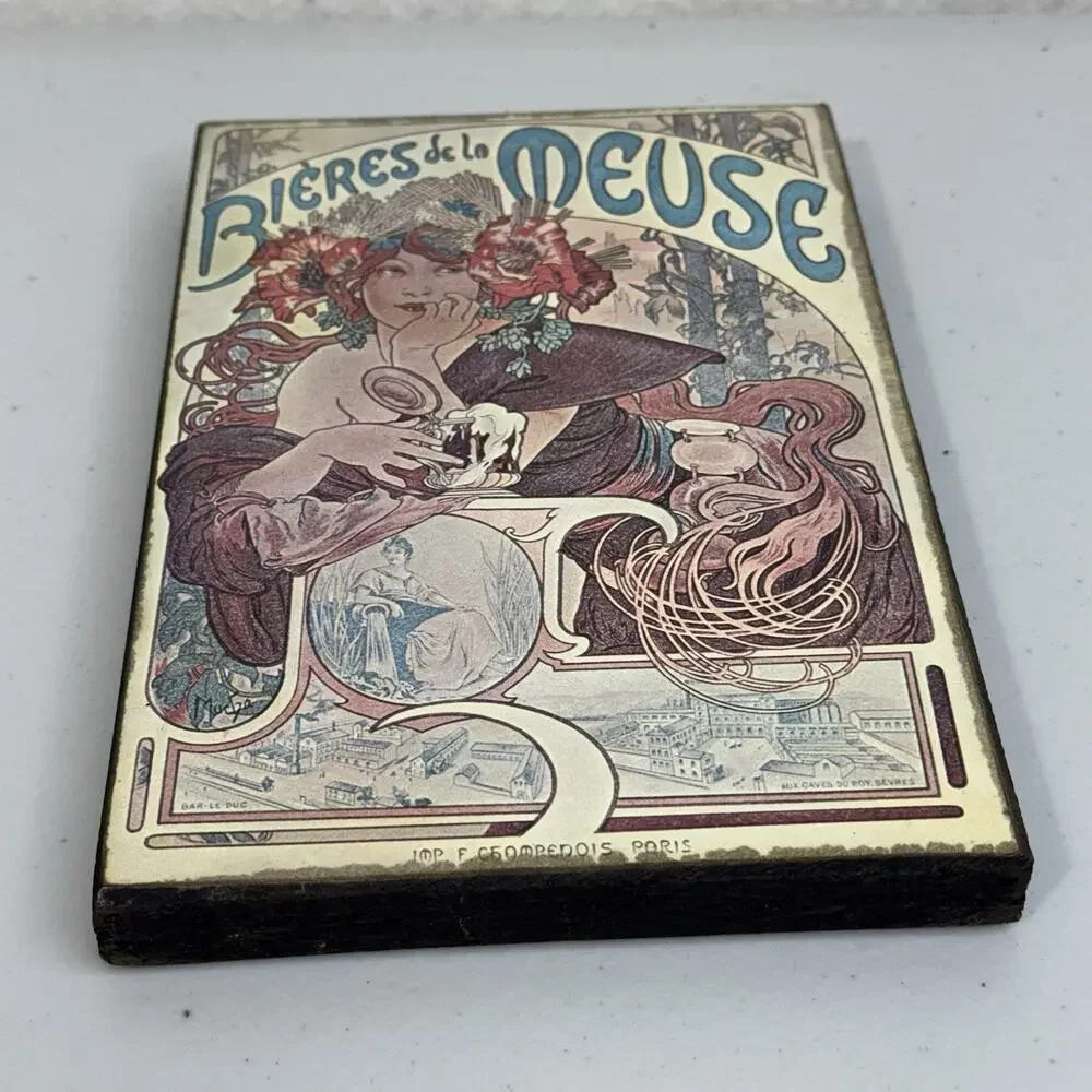 Art Nouveau Paris BIERES de la MEUSE by Alphonse Mucha Hard Pressed Board 9”x 6”